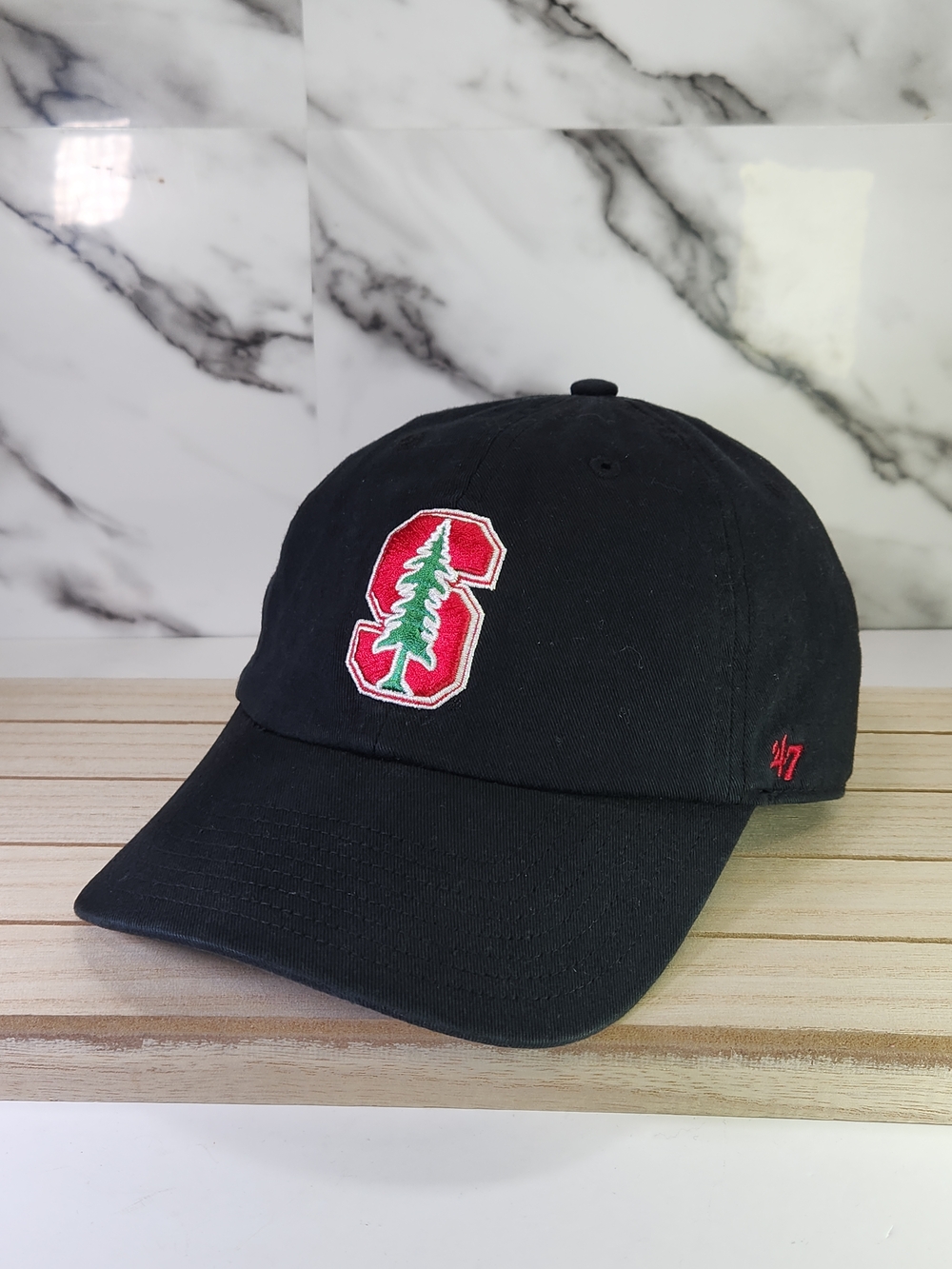 Stanford University Black Baseball Cap with S and Green Tree. Unisex Adjustable